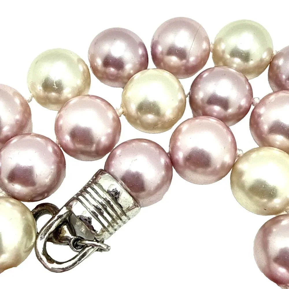 Vintage KISSAKA Faux Pearl Necklace Multicolor Pink Cream Glass Bead Strand 20